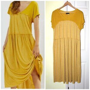 Anthropologie Saturday/Sunday Golden Yellow Tiered Midi Dress Size S Cozy